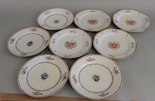 Group of eight Chinese export armorial plates to include four octagonal plates with the arms of Sayer and four round plates with the...