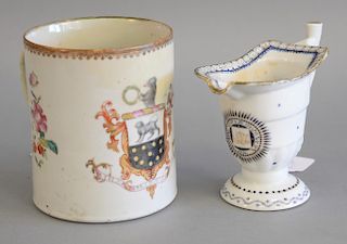 Two Chinese export pieces including armorial porcelain tankard (repaired), circa 1760 and a Armenian mark helmet cream jug dated 179...
