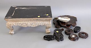 Tray lot of carved oriental stands and a silk embroidered shoe.