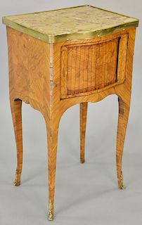 Louis XV style kingwood and floral marquetry table de nuit having marble top above tambour door. ht. 28 1/4 in., wd. 15 3/4 in.