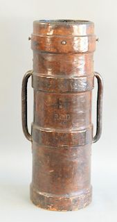 Leather artillery shell canister case, cylindrical with hand grips with brass liner for umbrella stand. ht. 29 in.
