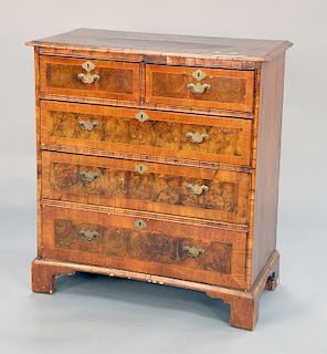 George II style walnut oyster veneered two over three drawer chest. ht. 37 1/2 in., case wd. 32 1/2 in., dp. 17 3/4 in.