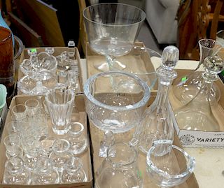 Seven tray lots with crystal art glass and signed paperweight, perfume bottle, bud vases, orrefors, etc.