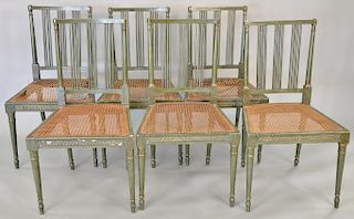 Set of six late George III style green painted and parcel gilt side chairs, late 18th century, one inscribed MM. ht. 32 1/4 in., wd....
