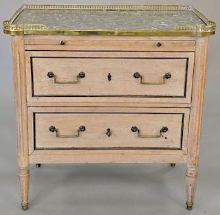 Louis XVI style bleached mahogany commode, variegated grey marble top, brass gallery, slide and two drawers. ht. 30 1/2 in., wd. 30 in.