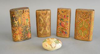 Group of four persian paper mache cases, having painted figures, flower designs along with an egg form.