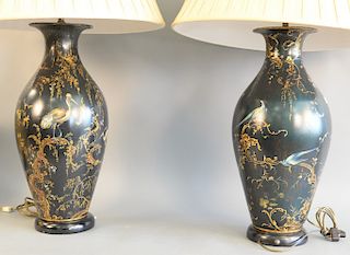Pair of Victorian black lacquer vases, 19th century, enameled and gilt rocaille, peacocks, and exotic birds at intervals made into l...
