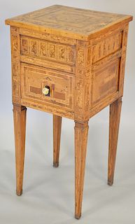 Italian neoclassical walnut, fruitwood and marquetry commode, top inlaid with a star and foliage. ht. 33 1/2 in., top: 15 1/2" x 15".