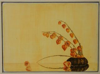 Victoria Fairbanks (20th century), brown ink and gouache on artist's board, Chinese Lanterns, signed lower right with the initials "...