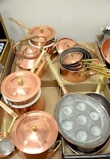 Four tray lots of copper pots including graduated pots with covers, etc.