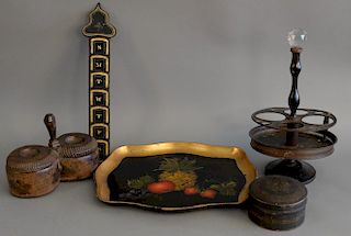 Assorted group to include three painted tole pieces, round painted box, hanging letter holder, cruet bottle holder, paper mache tray...