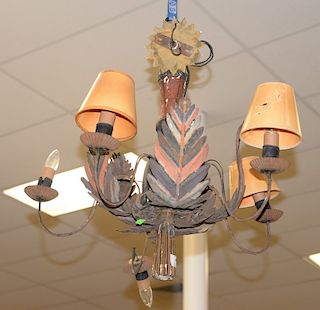 Wood and metal hanging light with five lights paint decorated, electrified. approx ht. 21 in., approx wd. 24 in.