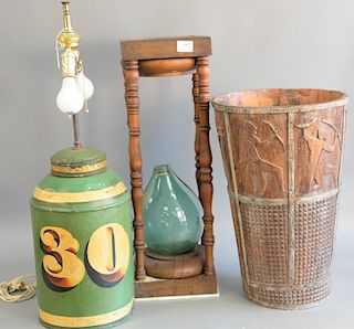 Three piece group to include large hourglass with turned columns, one glass missing, probably 19th century along with tole canister ...