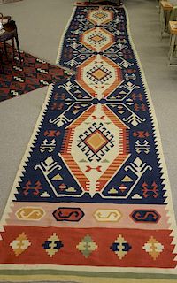 Pair of Kilim flatweave runners, one stained,  3' 9" x 22' and 3' 9" x 23' 2". 