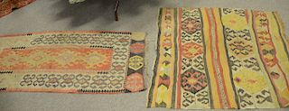 Five piece lot to include Kilim oriental throw rugs, 3'2" x 6', 3' 5" x 3' 7", 2' x 5' 2", 5' 9" x 9' plus one saddle bag 1' 8" x ...