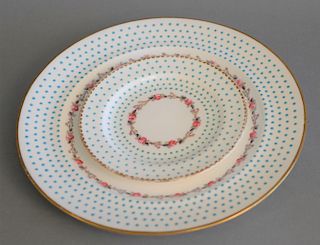 English (Ford's china) plates and saucers having a wreath of roses and the border enameled with turquoise dots to include eleven din...