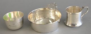 Three piece silver group to include hand hammered porringer marked Lebkuecher, mustard pot Reed and Barton, Gorham tumbler cup. lg. ...