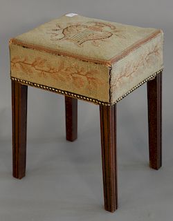 Chippendale Mahogany stool with needlepoint top set on squared molded legs, 18th century. ht. 18 1/2 in., top: 12" x 14".