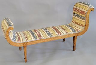 Louis XVI inlaid mahogany and satinwood banquette bench of sleigh form with silk upholstery. ht. 29 1/2 in., wd. 55 in., dp. 17 in.