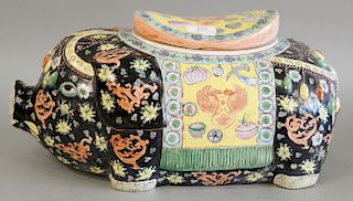Chinese porcelain pig-form box and cover with famille rose heads. ht. 8 1/2 in., wd. 17 1/2 in.