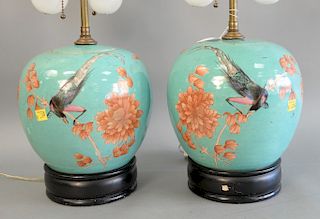 Pair of Chinese blue and polychrome decorated ginger jars now mounted as lamps, vase ht. 15 in., total ht. 22 in.