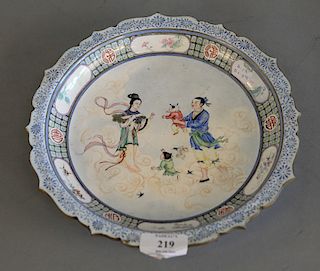 Canton enamel circular basin or dish, enameled with a family standing in a bowel of clouds, underside with four-character mark readi...