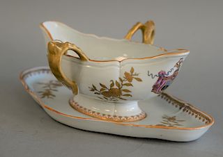 Porcelain sauce dish with attached underplate with coat of arms on either end. ht. 4 in., lg. 11 in.