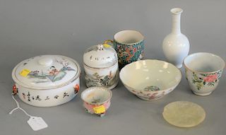 Tray lot of Chinese porcelain to include cups, two covered containers, and vase. ht. 5 1/4 in.