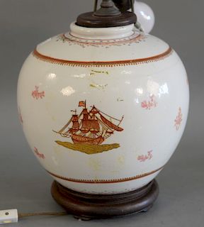 Large Chinese export globular jar with painted sailing ships. ht. 11 in.