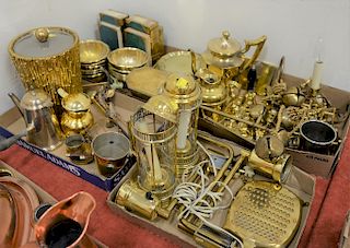 Four tray lots to include brass turtle, cheese grater, bowls, plates, candlesticks, teapot, wall sconce lights.