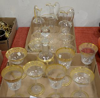 Group of crystal to include cut glass stems with gilt border, three pitchers marked Damon, Paris, coat of arms, two tumblers with et...