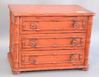 Victorian style red painted miniature chest with three drawers and faux bamboo borders throughout, 20th century. ht. 15 in., wd. 20 ...