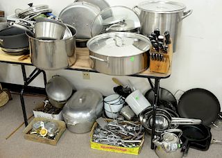 Large group of kitchen pots, pans, utensils, Wusthof trident knives, Calphalon, etc.