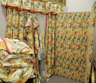 Large group of window treatment drape curtains, three rolls of chintz fabric.