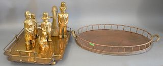 Assorted brass lot to include two brass serving trays, five figures, one dog, one goose and door stop.