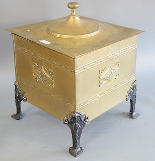 Brass covered box with tole fitted liner with handles set on metal feet, mid 19th century. ht. 11 1/2", top: 13 1/2" x 13 1/2".