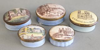 Group of five Battersea Bilston enameled boxes with powder blue bases, Bridgewater, Cheltenham wells, A Trifle from York, Woodburn F...