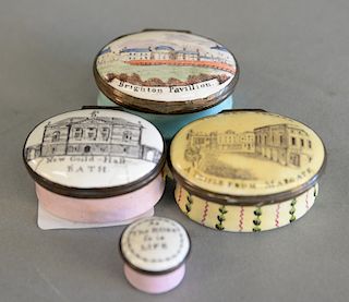 Group of four Battersea Bilston enameled boxes, Brighton Pavilion, New Guild Hall Bath, The New Square Trifle from Margate, As the R...