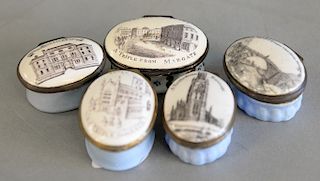Group of five Battersea Bilston enameled boxes, sheffield Tontine tinn, Abby A trifle from bath, Trifle from the Iron Bridge, Trifle...