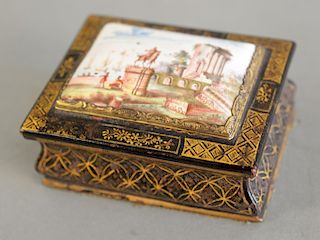 Large Bilston lacquered copper and enamel toilet box having the cover insert with an enamel plaquette, figures beside the banks of a...