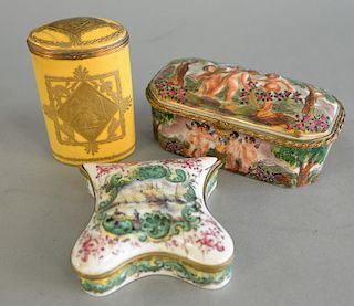 Three small boxes including a gilt metal mounted capodimonte style oblong octagonal box, a gilt metal mounted French porcelain shiel...