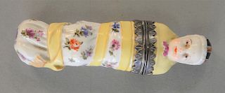 Porcelain Etui in form of a swaddled baby, possibly Meissen, 18th century. lg. 4 1/2 in.