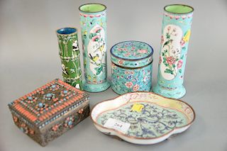 Group of oriental pieces to include pair of enameled vases, enameled tray and round covered box, and a box with turquoise and coral ...