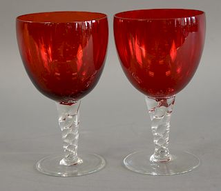 Set of twelve continental cranberry and colorless glass oversized stemmed goblets, ht. 8 in.