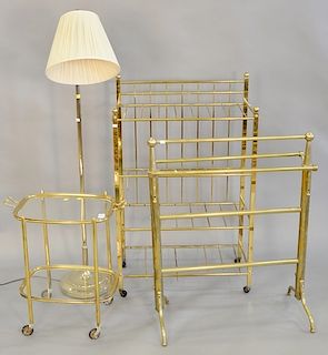 Four piece brass group to include tower stand, four tier shelf, floor lamp and tier tray top shelf. four tier ht. 40 1/2 in., wd. 25...