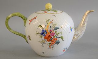 Large Herend tea pot or punch pot with cover, Meissen style with fruits and flowers. ht. 8 1/2 in. lg. 15 in.