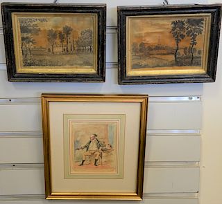 Three framed pieces to include pair of silk needlepoint landscapes along with a watercolor portrait of Mr. Dietrich. silk needlepoin...