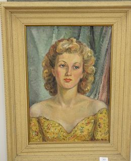 Oil on canvas, Portrait of a Woman in Yellow Flower Dress, illegibly signed H. Pel... 21 3/4" x 15"