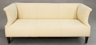 Custom contemporary high back sofa, one silk pillow, linen upholstery, tuxedo style. ht. 36 in., wd. 83 in., dp. 33 in.