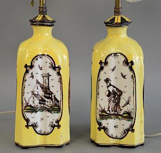 Pair of Italian yellow and manganese decorated bottles now mounted as lamps. ht. 21 in. and 10 1/2".